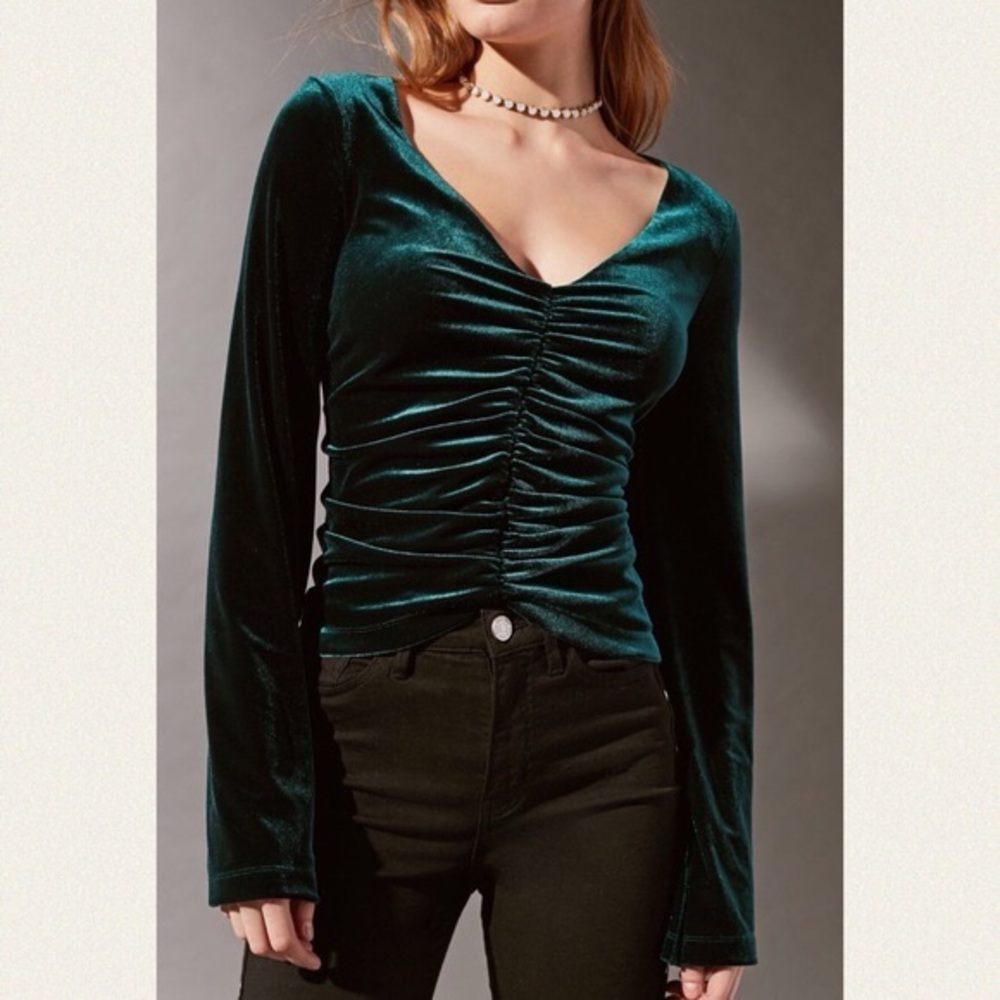 Urban Outfitters Teal Velvet Ruched Blouse